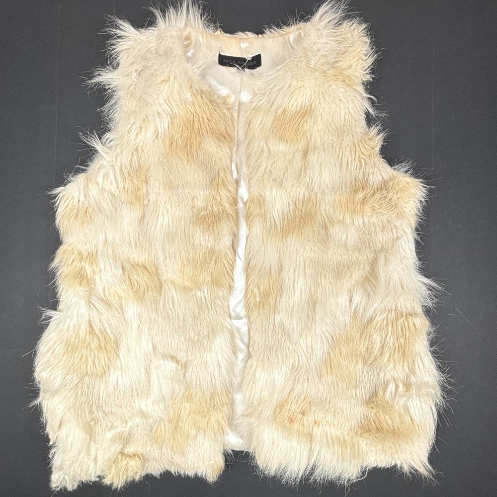 Steve Madden Plush Faux Fur Vest Womens Medium Cream Tan‎ Chic Penny Retro